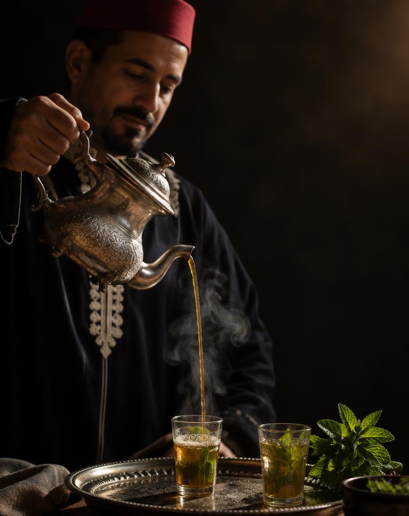 Moroccan mint tea poured from an ornate silver teapot