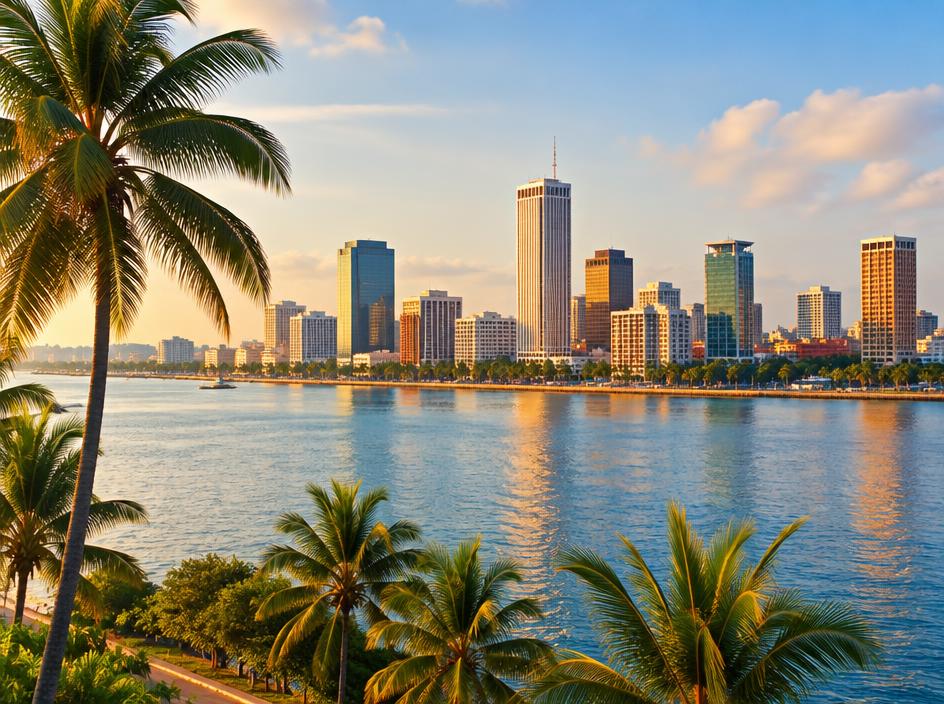 The skyline of the Plateau district in Abidjan across the lagoon