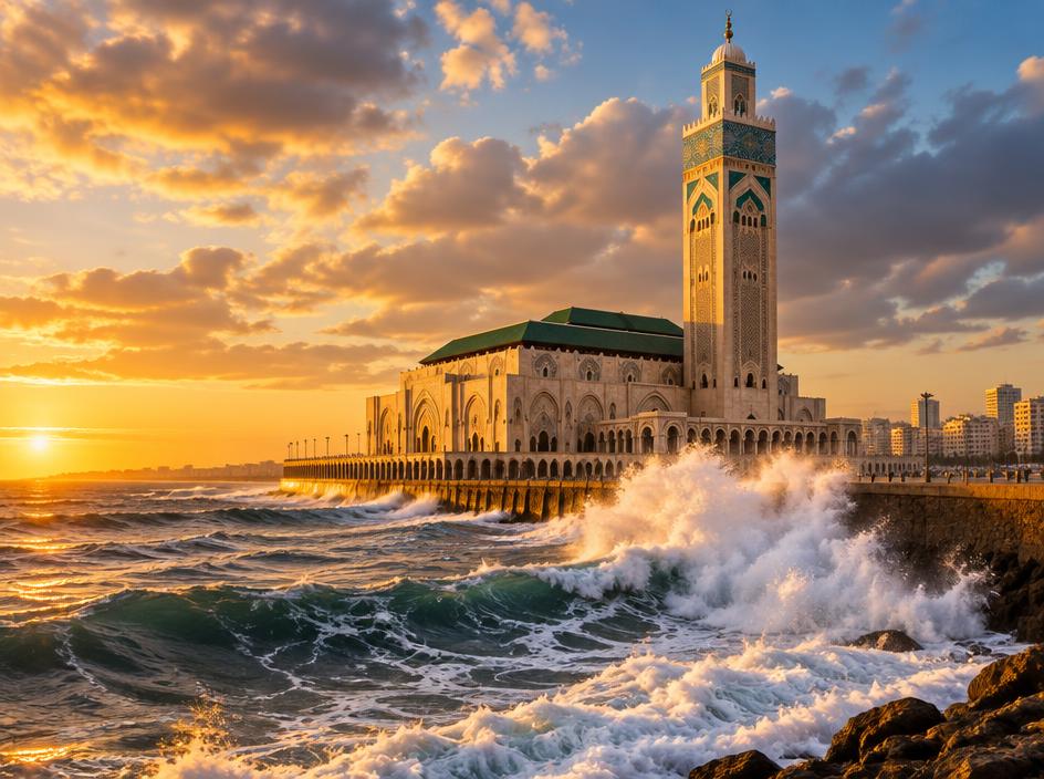 Hassan II Mosque rising over the Atlantic waves in Casablanca