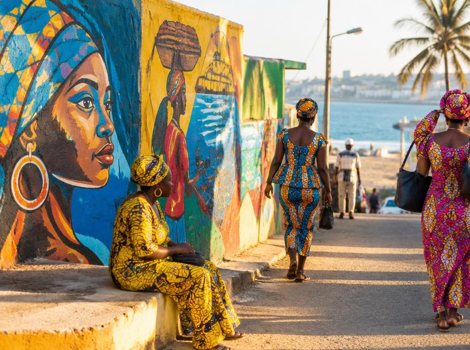 Colourful street murals and wax-print fabric in Dakar