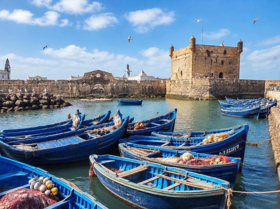 Blue fishing boats in the old port of Essaouira