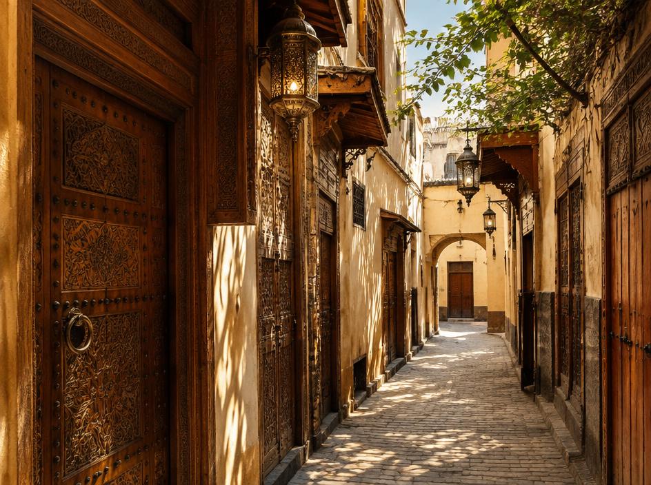 An ornate carved cedar doorway in the Fez medina
