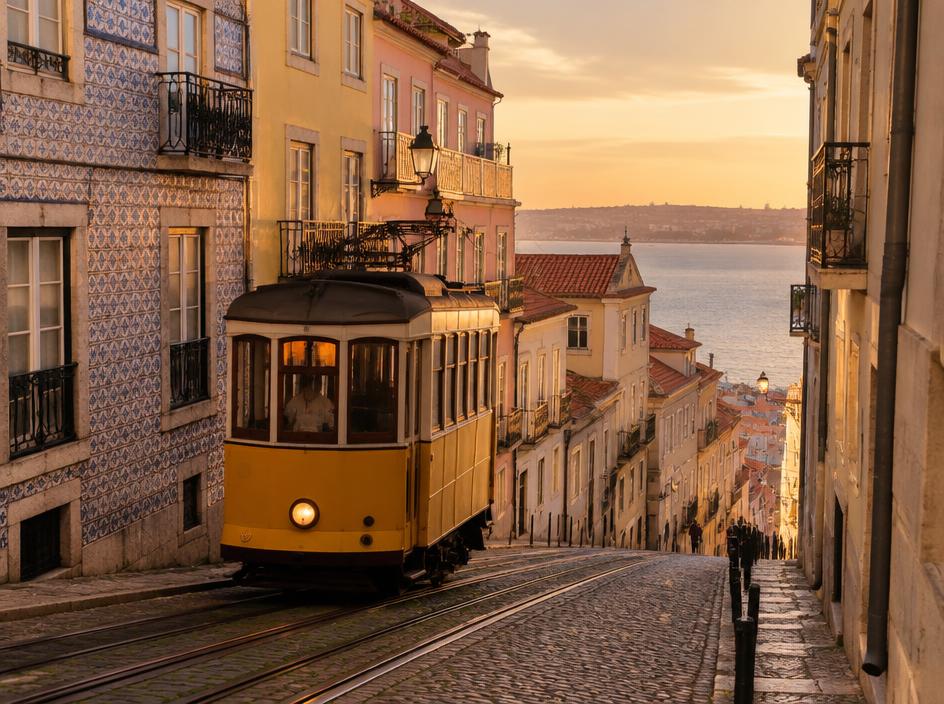 A yellow tram climbing a cobbled Lisbon street at sunset