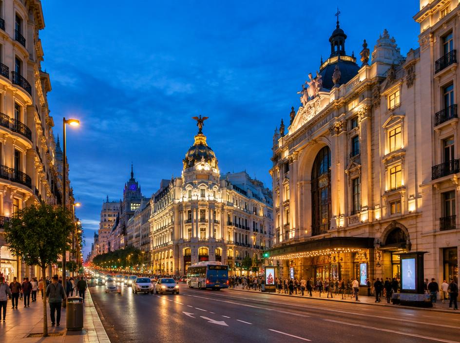 The Grand Via in Madrid at blue hour with ornate lit facades