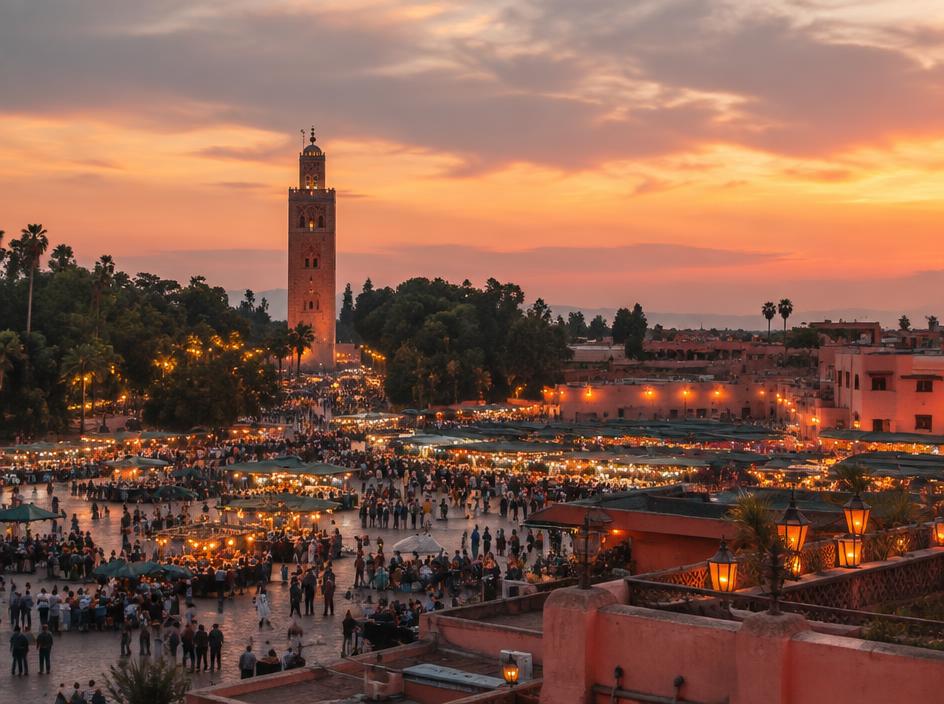 Jemaa el-Fna square in Marrakech at dusk with the Koutoubia minaret
