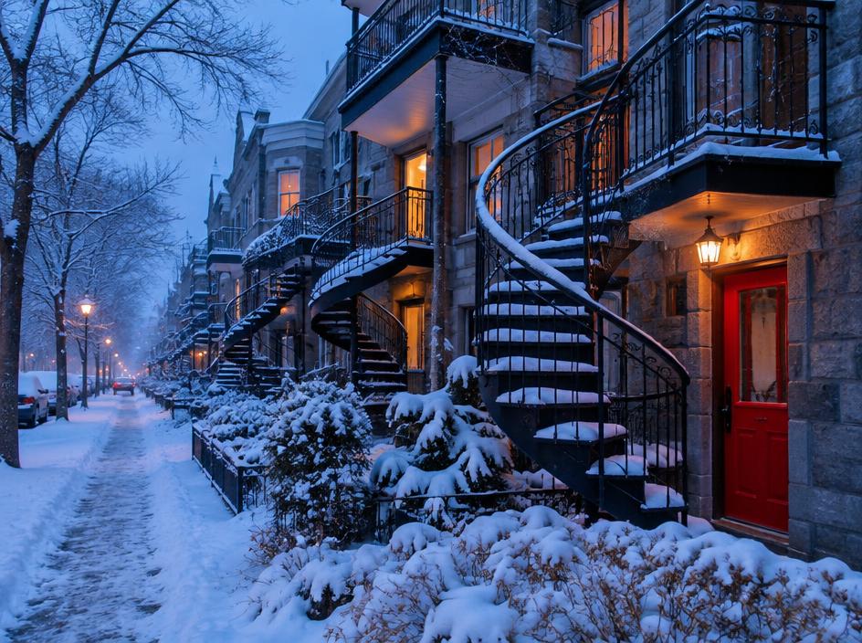 A snowy Montreal street with spiral staircases and a red door