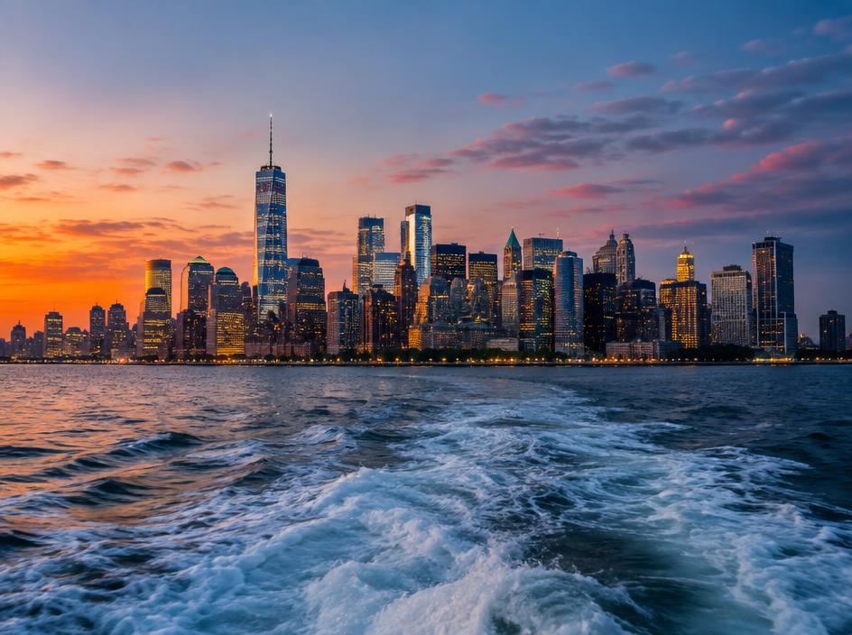 The Manhattan skyline at dusk seen across the water