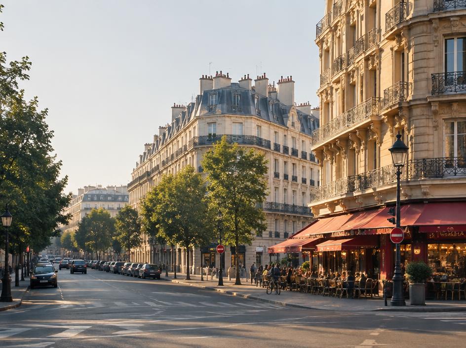 A Haussmann boulevard in Paris with a café terrace in morning light